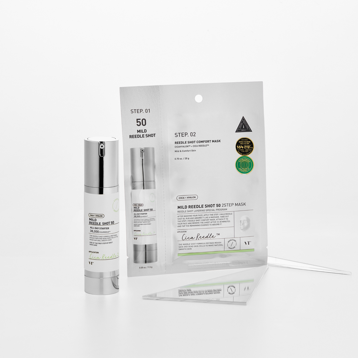 Duo de sachets de soin et de masque présenté avec un flacon Reedle Shot 50