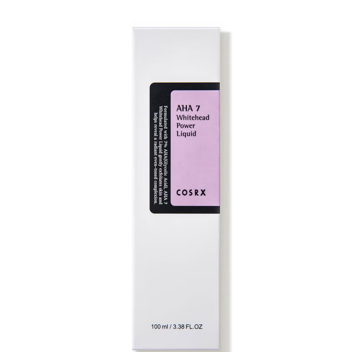 Boîte blanche de lotion exfoliante à étiquette rose indiquant AHA 7