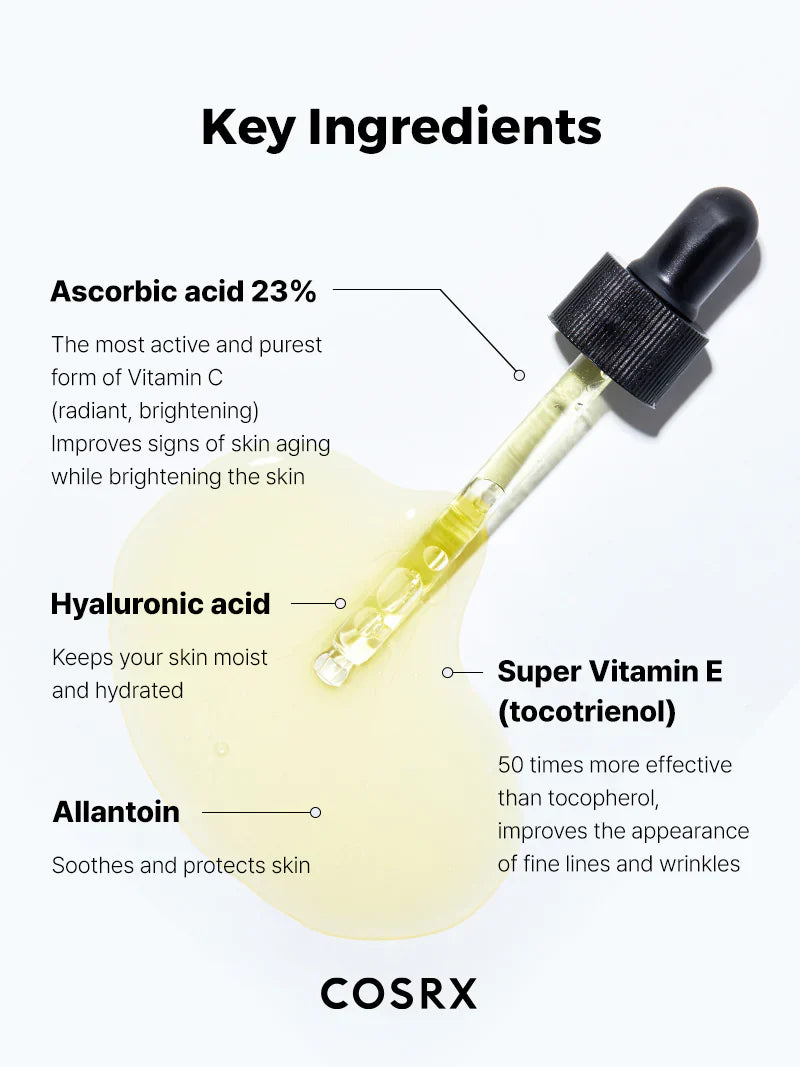 Visuel listant vitamine C 23 %, acide hyaluronique, allantoïne et vitamine E