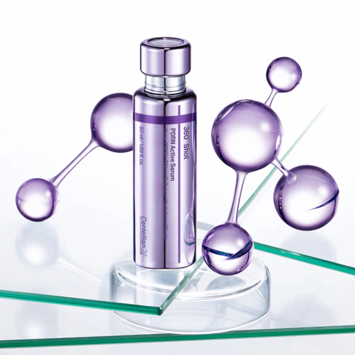 Flacon violet de sérum entouré de sphères reliées par des tiges