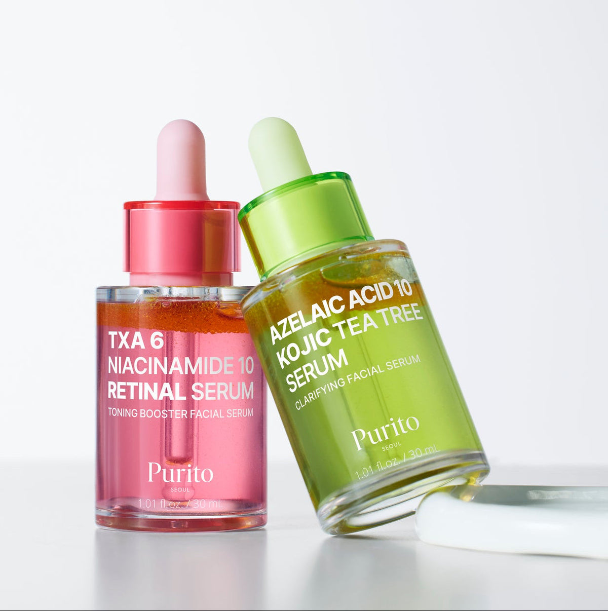 Sérums rose au rétinal et vert à l&