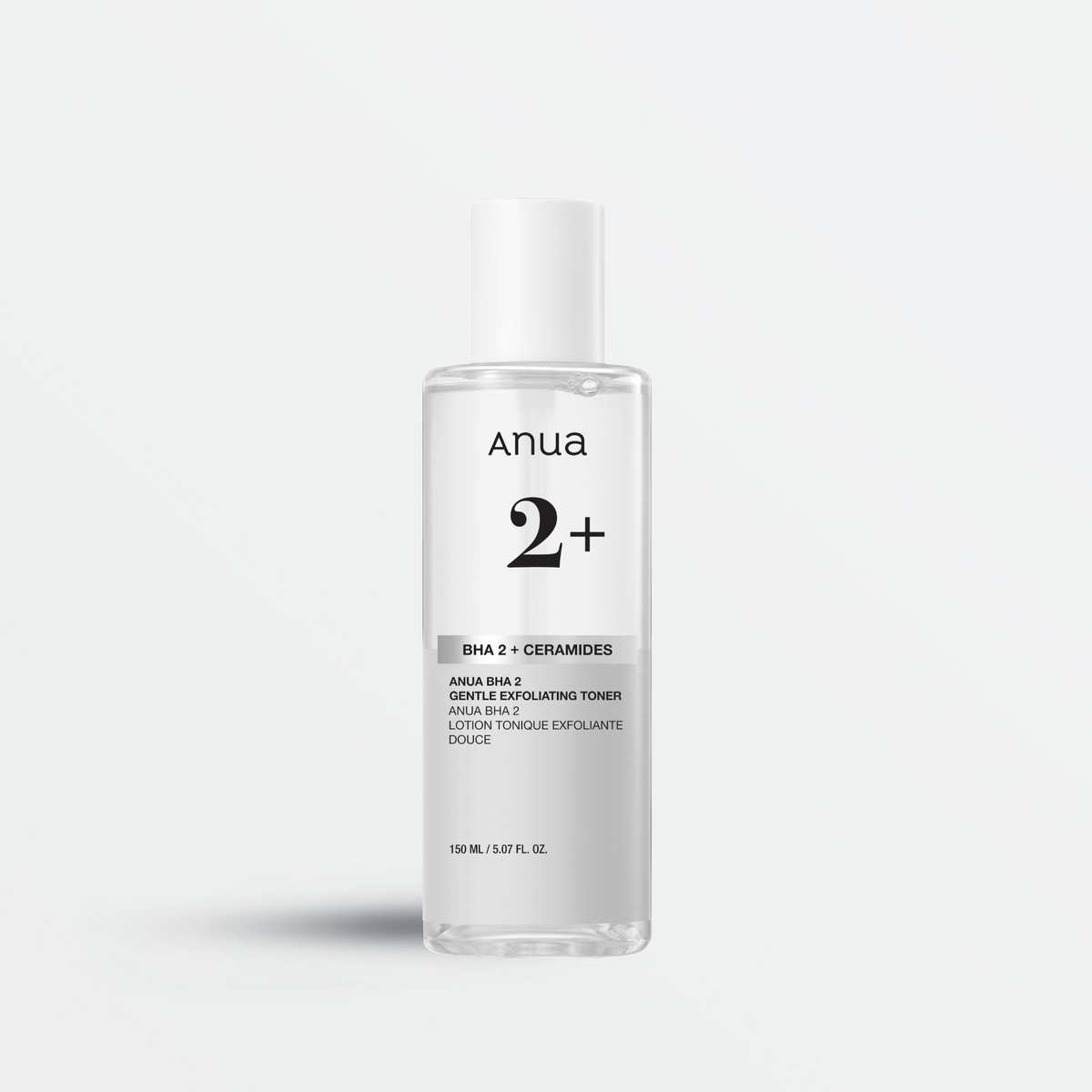 Flacon transparent de lotion, avec les mentions BHA 2 et céramides