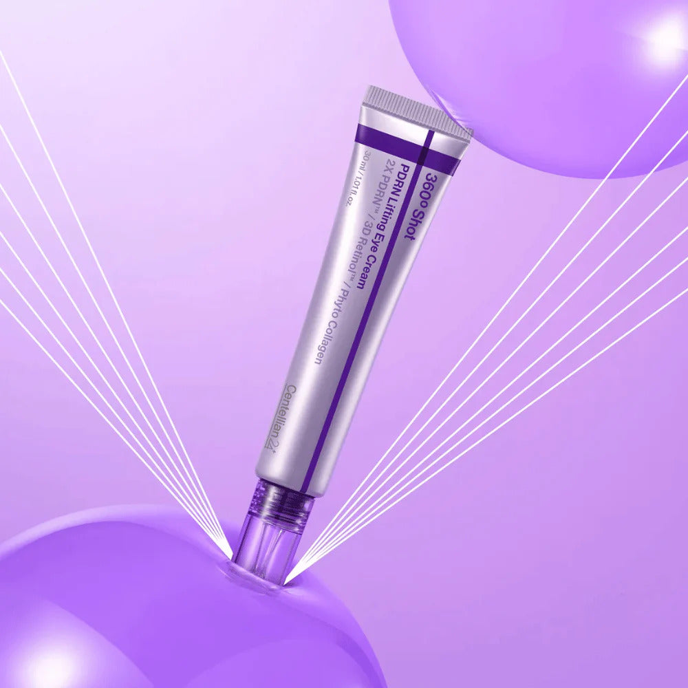 Tube argenté et violet de contour des yeux parmi des sphères violettes