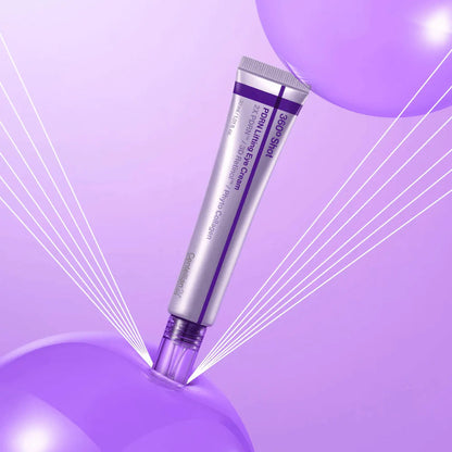 Tube argenté et violet de contour des yeux parmi des sphères violettes