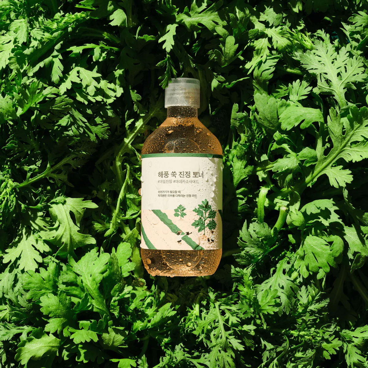 Flacon de lotion dorée posé au milieu de feuilles d&