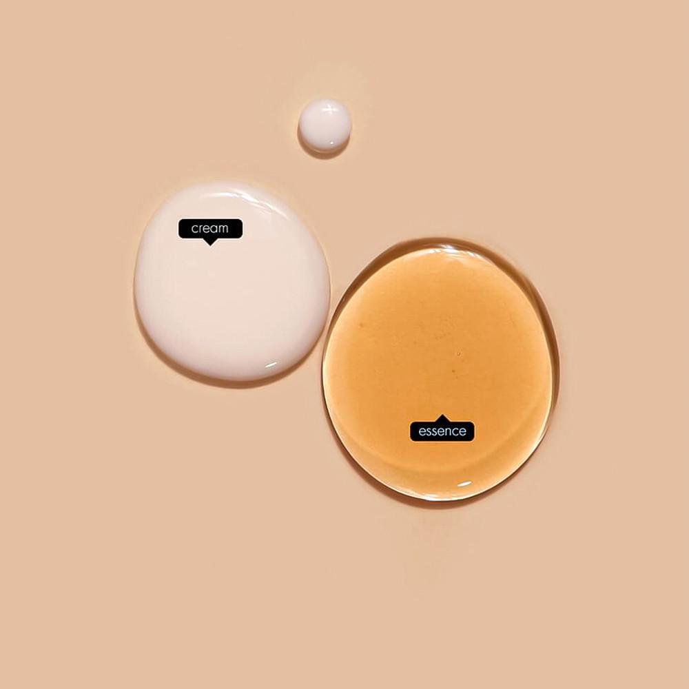 Deux phases du soin : crème blanche et essence ambrée