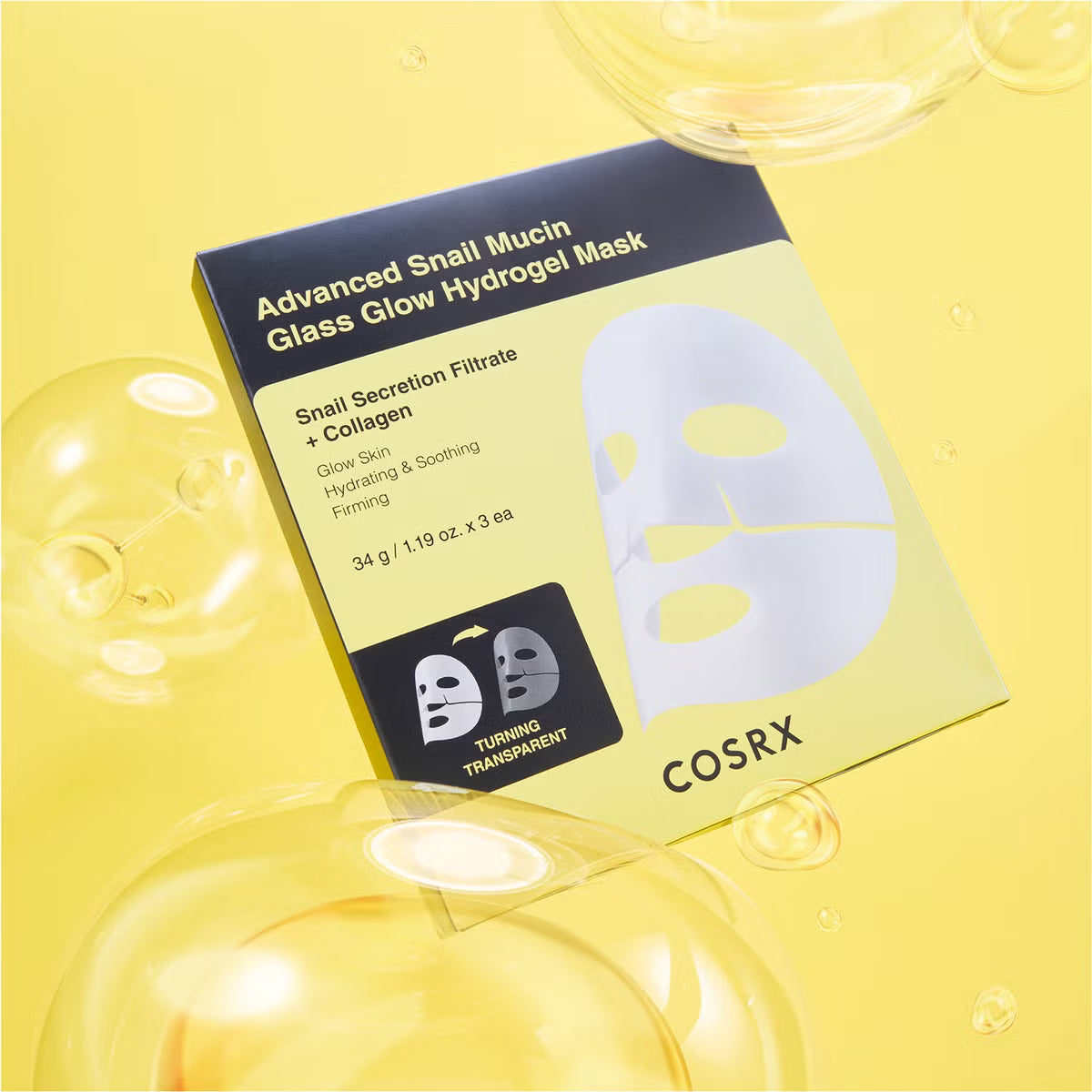 Boîte jaune indiquant trois masques hydrogel devenant transparents