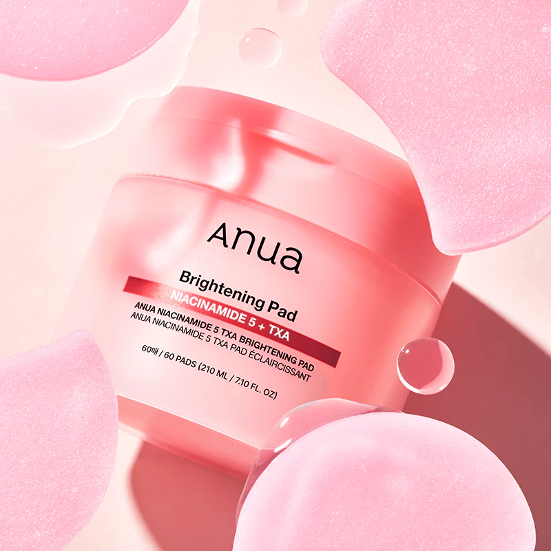 Pot rose entouré de disques, avec les mentions niacinamide 5 et TXA