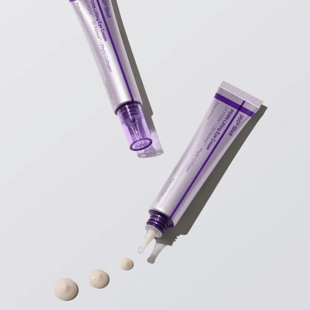Deux tubes de contour des yeux près de petites doses de crème beige