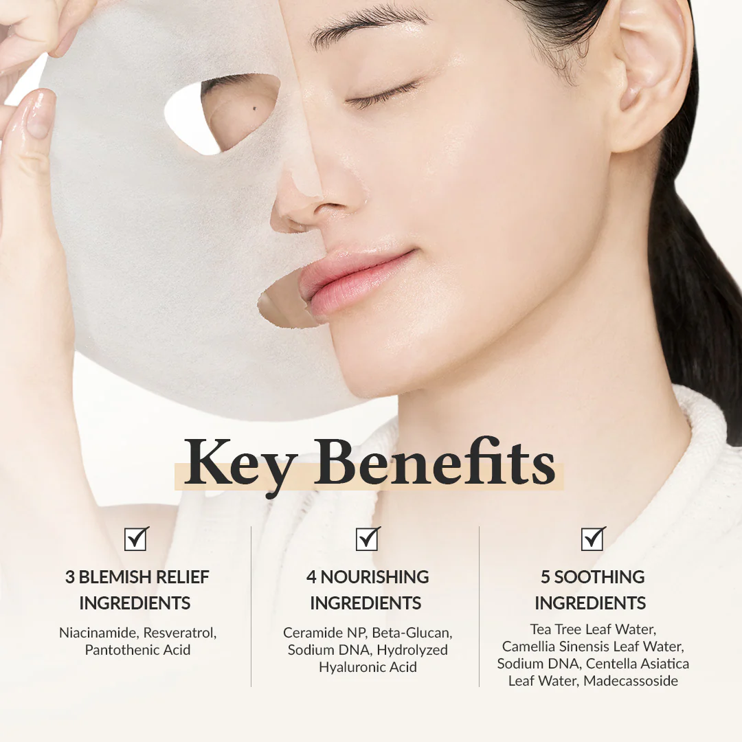 Visuel listant niacinamide, resvératrol, céramide NP, bêta-glucane, centella et tea tree