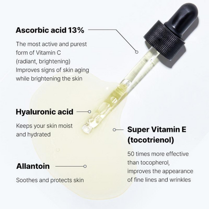 Visuel listant vitamine C 13 %, acide hyaluronique, allantoïne et vitamine E
