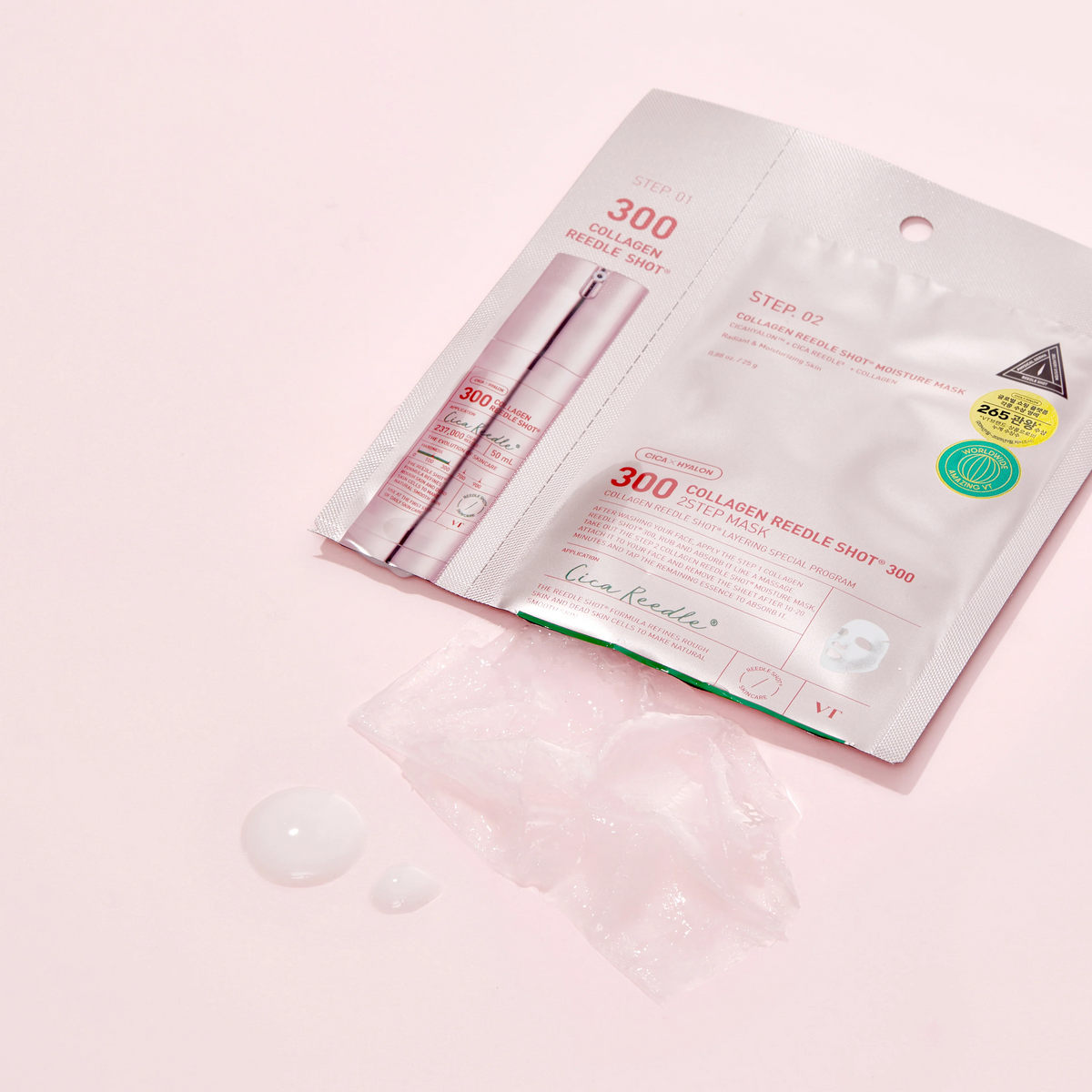 Sachet rose présentant les deux étapes, avec le masque déplié et des gouttes d&