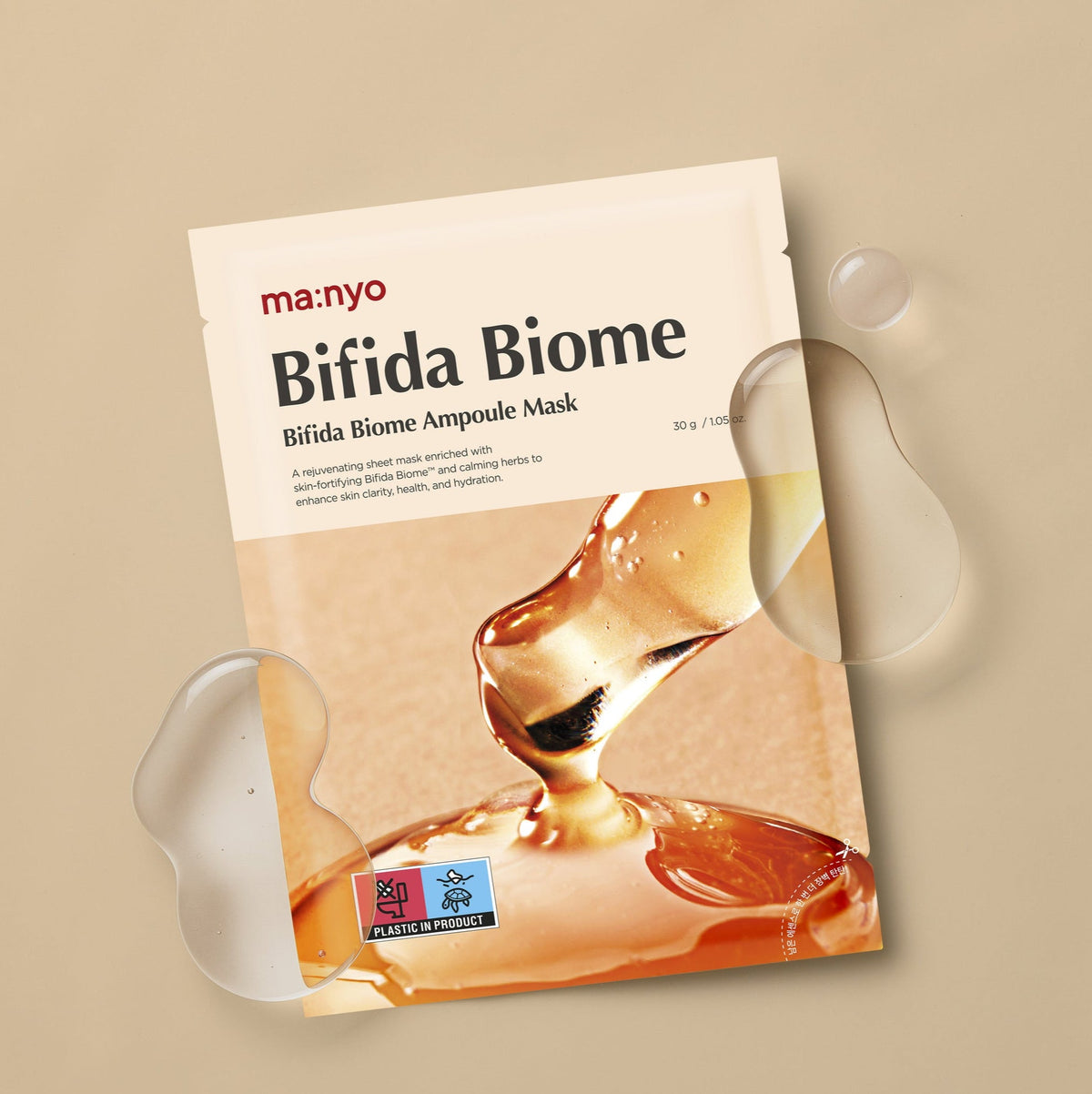 Sachet de masque Bifida Biome entouré de gouttes transparentes