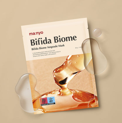 Sachet de masque Bifida Biome entouré de gouttes transparentes