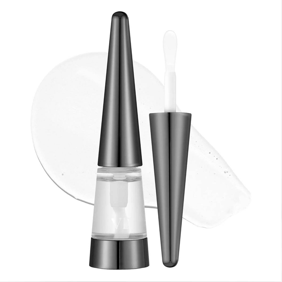 Flacon de gloss transparent à capuchon noir près de son applicateur ouvert