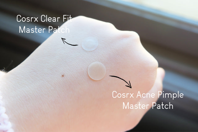 Comparaison sur la main des patchs Clear Fit et Acne Pimple, de transparences différentes
