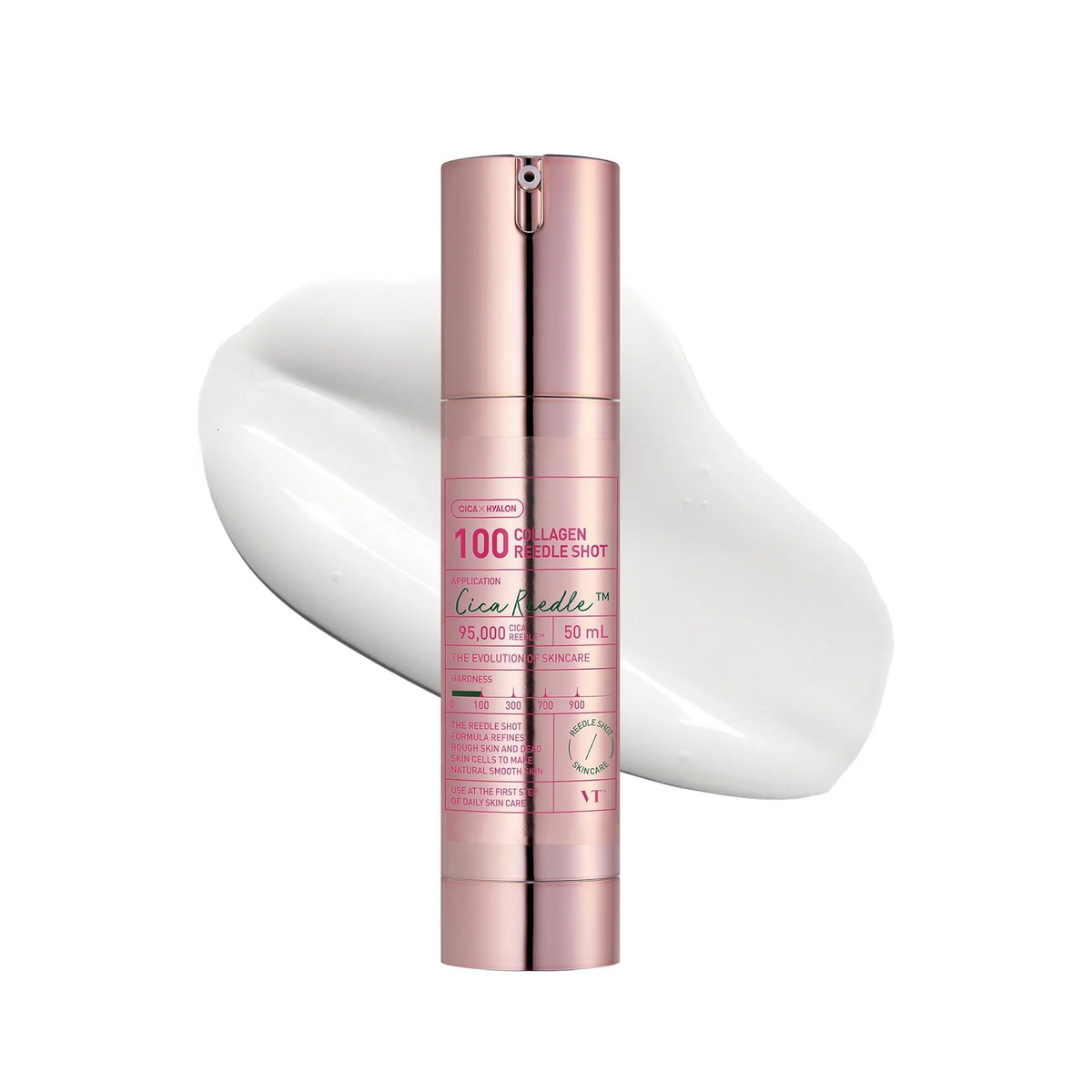 Flacon rose devant une trace de crème blanche