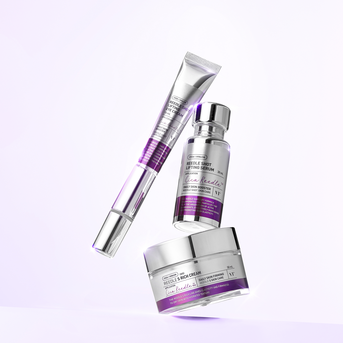 Crème, sérum et soin contour des yeux présentés ensemble