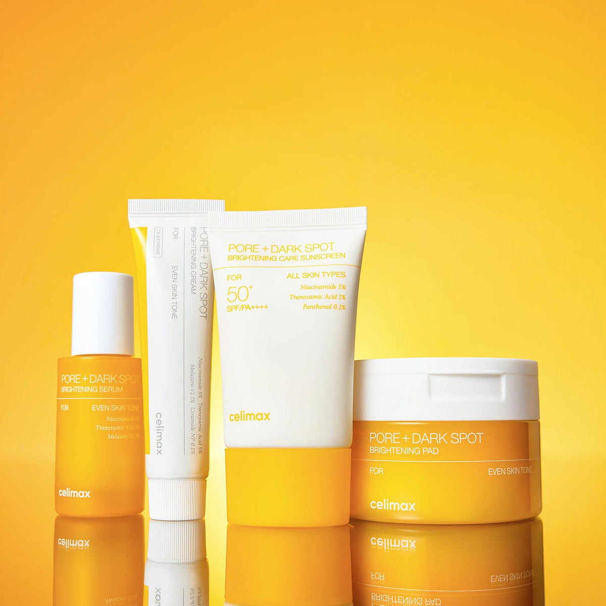 Sérum, crème, contour des yeux et solaire de la gamme présentés ensemble